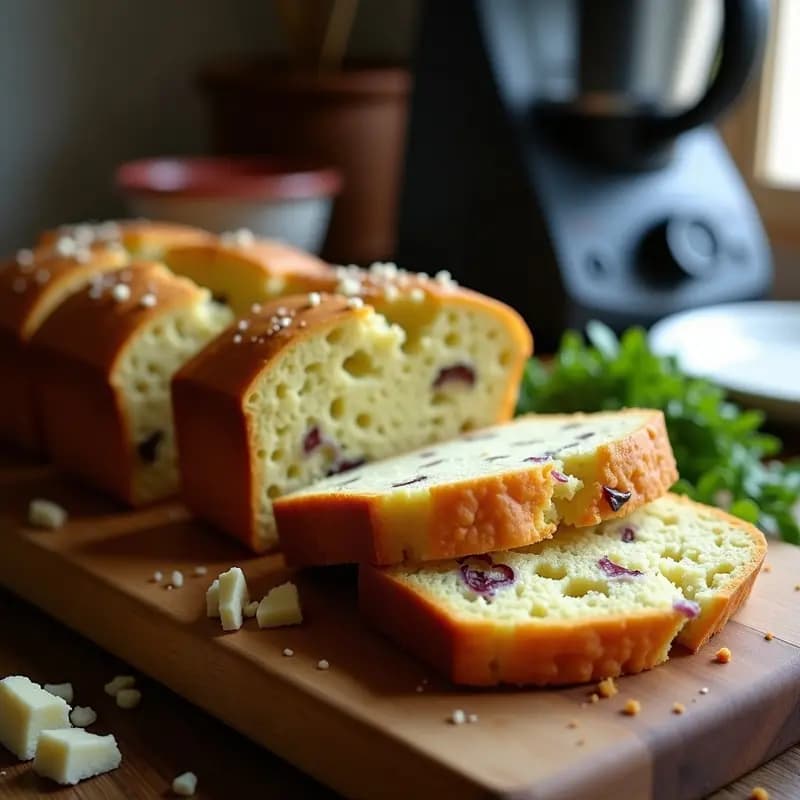 Pan de plátano verde con queso de cabra recién horneado, dorado y esponjoso, cortado en rebanadas sobre una tabla de madera rústica. Se aprecian trocitos de cebolla morada y el queso de cabra fundido en su interior. Receta brasileña sin harina en Thermomix.