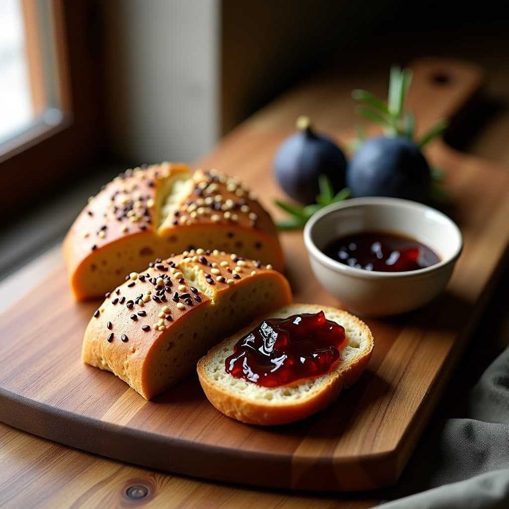 Pan de plutella dorado y esponjoso con semillas de girasol, calabaza y sésamo tostado, servido en rodajas sobre tabla de madera con mermelada de higo negro brillante. Desayuno sin gluten saludable y apetitoso.