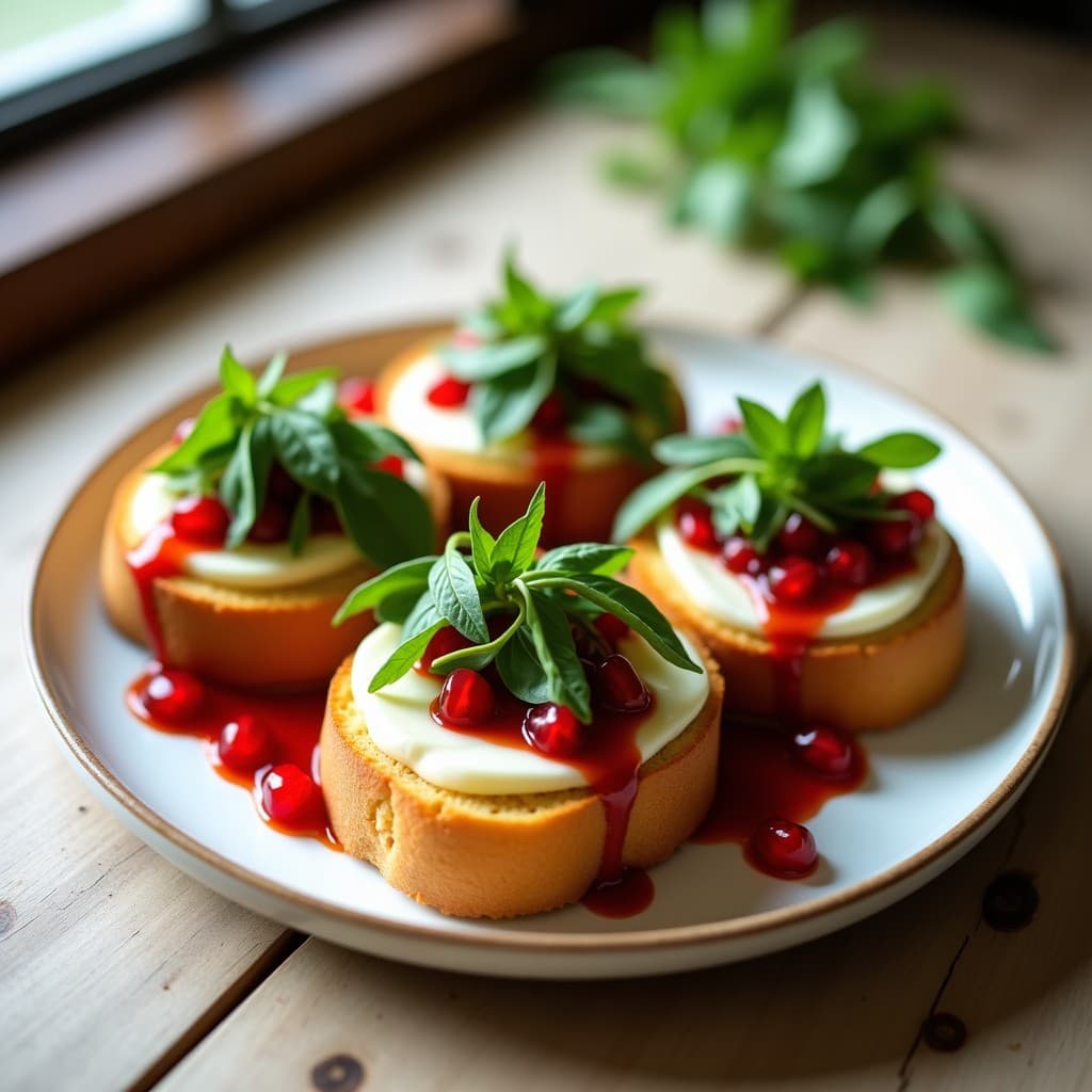 Pan de queso de búfala dorado en rodajas, cubierto con rúcula fresca y salsa de granado brillante, servido en plato blanco con detalles rústicos. Desayuno italiano keto en airfryer.