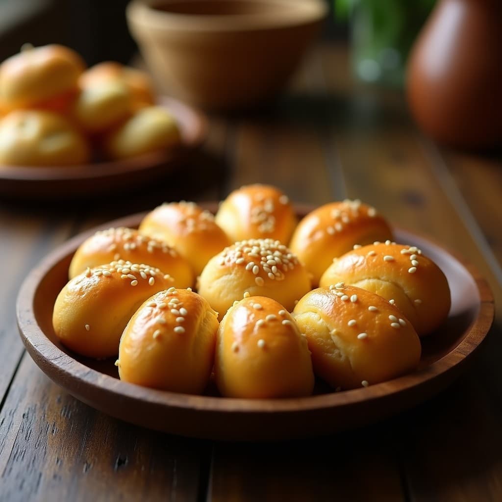 Panecillos dorados de queso de mandioca con semillas de sésamo tostadas, textura crujiente por fuera y esponjosa por dentro, servidos en bandeja de madera sobre papel vegetal, receta brasileña sin gluten y sin lactosa.