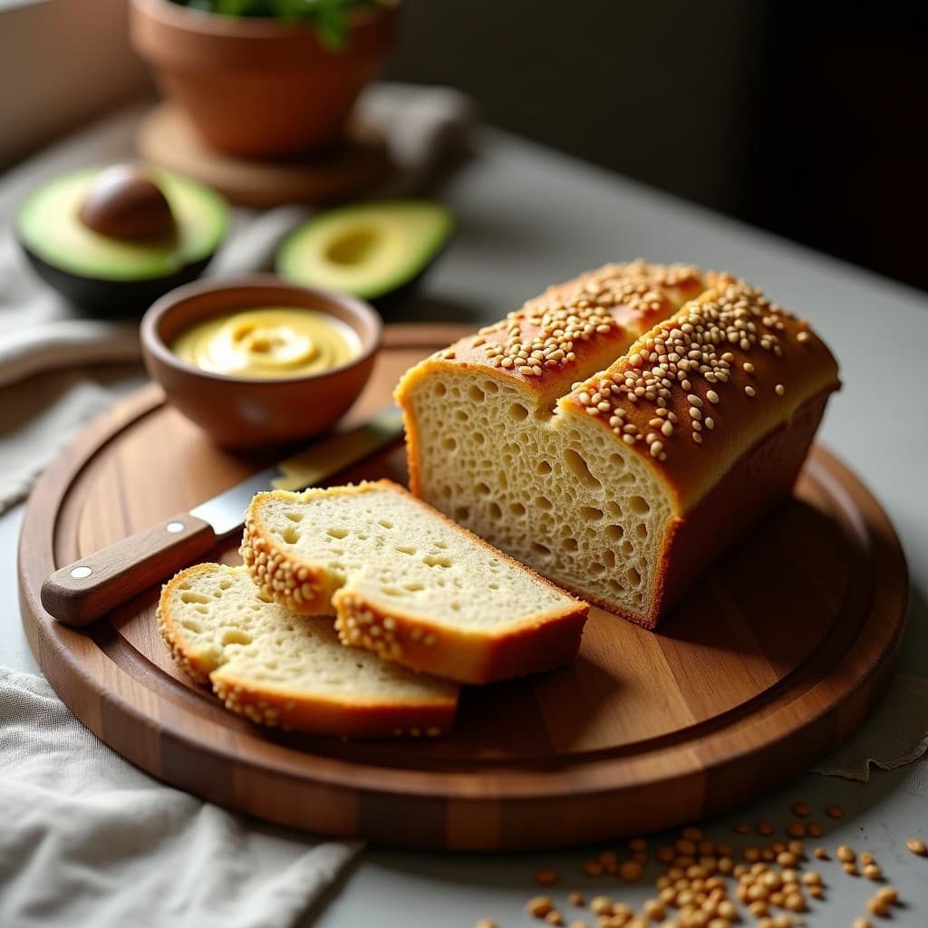 Pan de quinoa y amaranto dorado con semillas de girasol en la superficie, cortado en rebanadas gruesas sobre una tabla de madera rústica, acompañado de mantequilla de girasol cremosa y rodajas de aguacate. Receta de desayuno sin gluten alto en proteína.