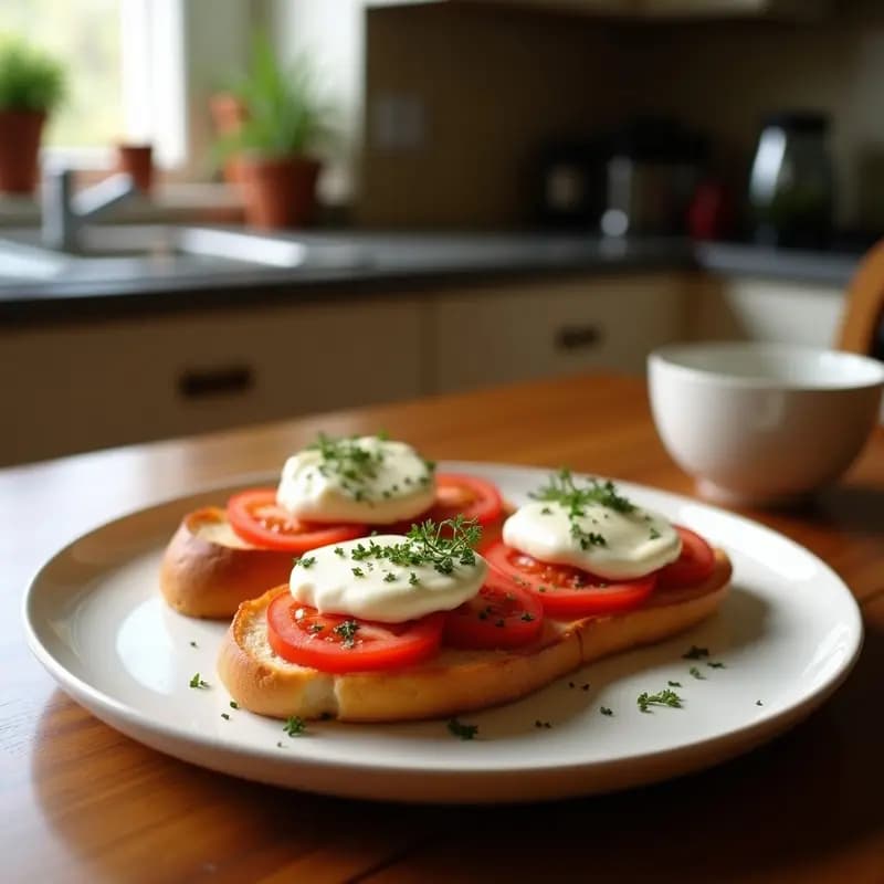 Tostadas doradas de pan rústico con tomate triturado, filetes de anchoas en aceite y láminas de queso de Mahón Denominación de Origen. Plato típico catalán servido en tabla de madera con aceite de oliva virgen extra.