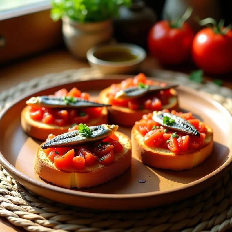 Tostadas doradas de pan de maíz sin gluten con tomate fresco frotado, filetes de anchoas en aceite y perejil picado, servidas en plato de madera rústico. Receta catalana clásica de pan con tomate y anchoas sin gluten.