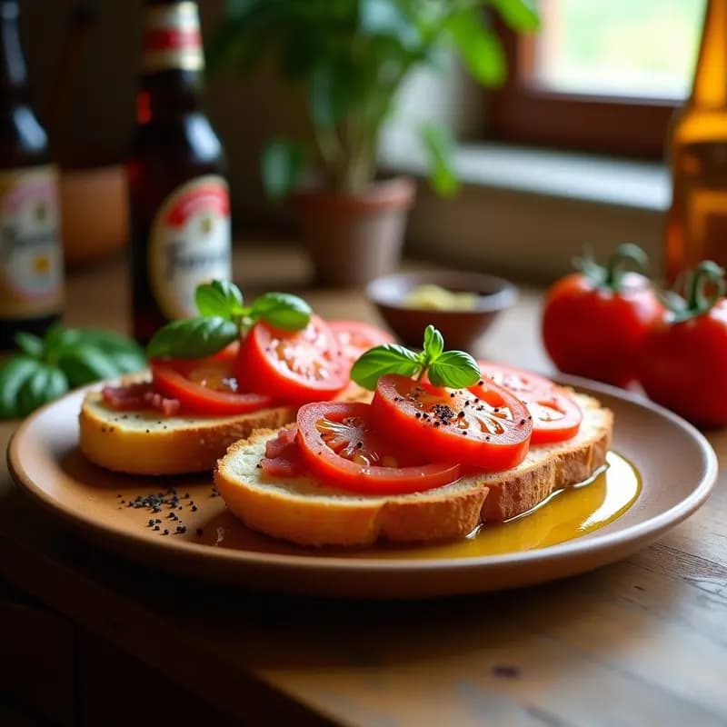 Plato rústico con rebanadas de pan tostado frotado con tomate maduro, coronado con rodajas doradas de butifarra blanca, receta catalana tradicional para desayunar o cenar.