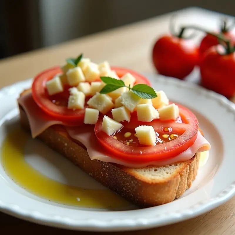 Montadito abierto de pan tostado con tomate fresco frotado, taquitos de jamón serrano y queso manchego rallado, servido en plato blanco rústico sobre fondo de madera.