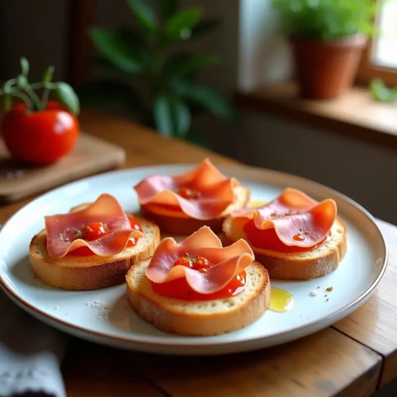 Plato blanco rústico con cuatro rebanadas de pan tostado cubiertas de pulpa de tomate rojo brillante y láminas finas de jamón serrano, receta catalana tradicional fácil y rápida.