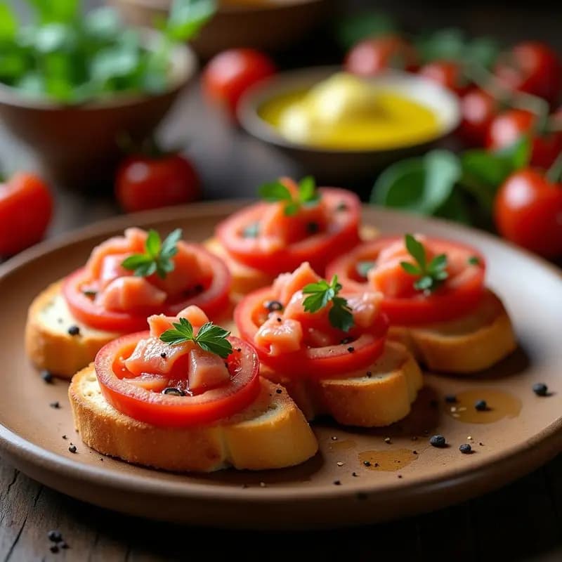 Tostada de pan de cristal dorado con tomate fresco frotado, ventresca de atún desmenuzada y un hilo de aceite de oliva arbequina, decorada con perejil fresco. Tapa catalana gourmet en plato de madera rústico.