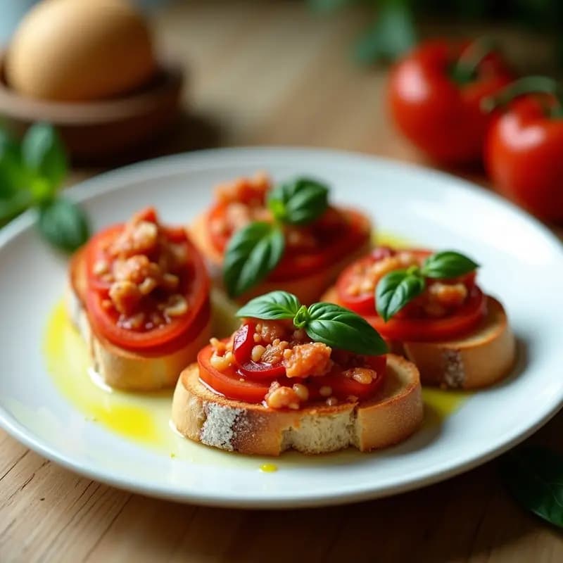 Bocadillo catalán proteico de pan tumaca con atún y pimiento asado, servido en plato blanco con albahaca fresca y aceite de oliva.