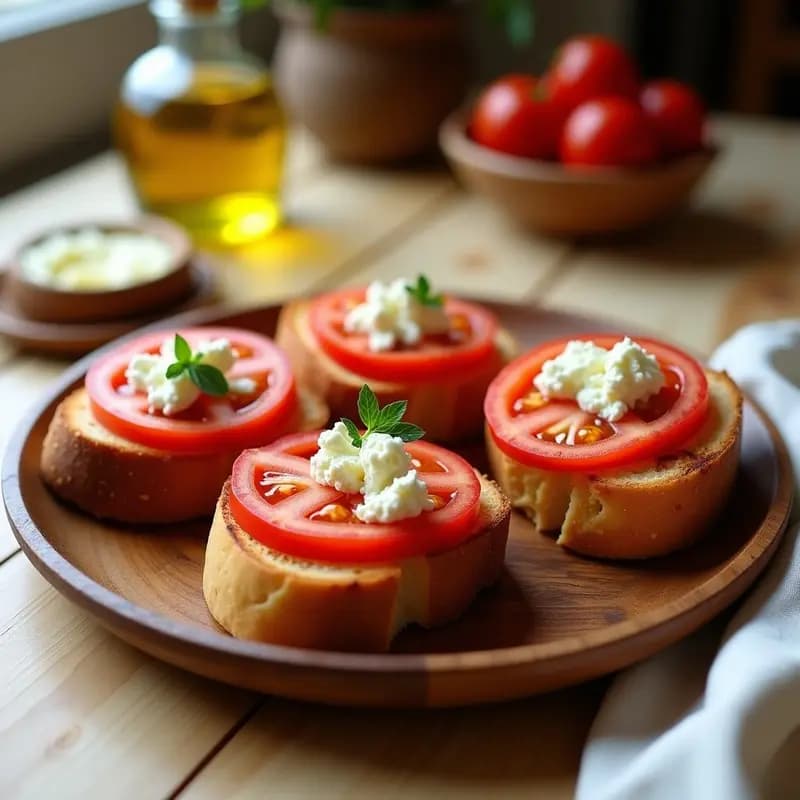 Plato rústico de madera con rebanadas de pan tumaca cubiertas de queso fresco desmenuzado y bañadas en aceite de oliva virgen extra, receta catalana para desayunar.