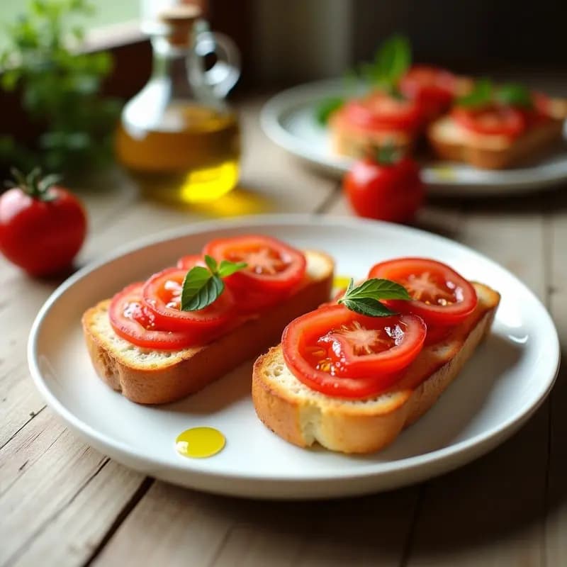 Tostada de pan rústico con tomate frotado y láminas de ventresca de atún, desayuno catalán tradicional servido en plato blanco sobre fondo de madera.