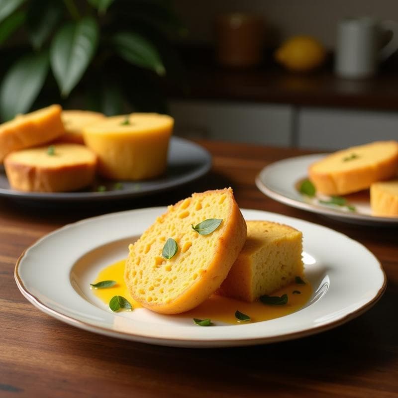Pan de yautía y harina de coco sin gluten recién horneado, dorado y esponjoso, cortado en rebanadas sobre una tabla de madera rústica. Acompañado de aguacate y semillas de sésamo para decorar.