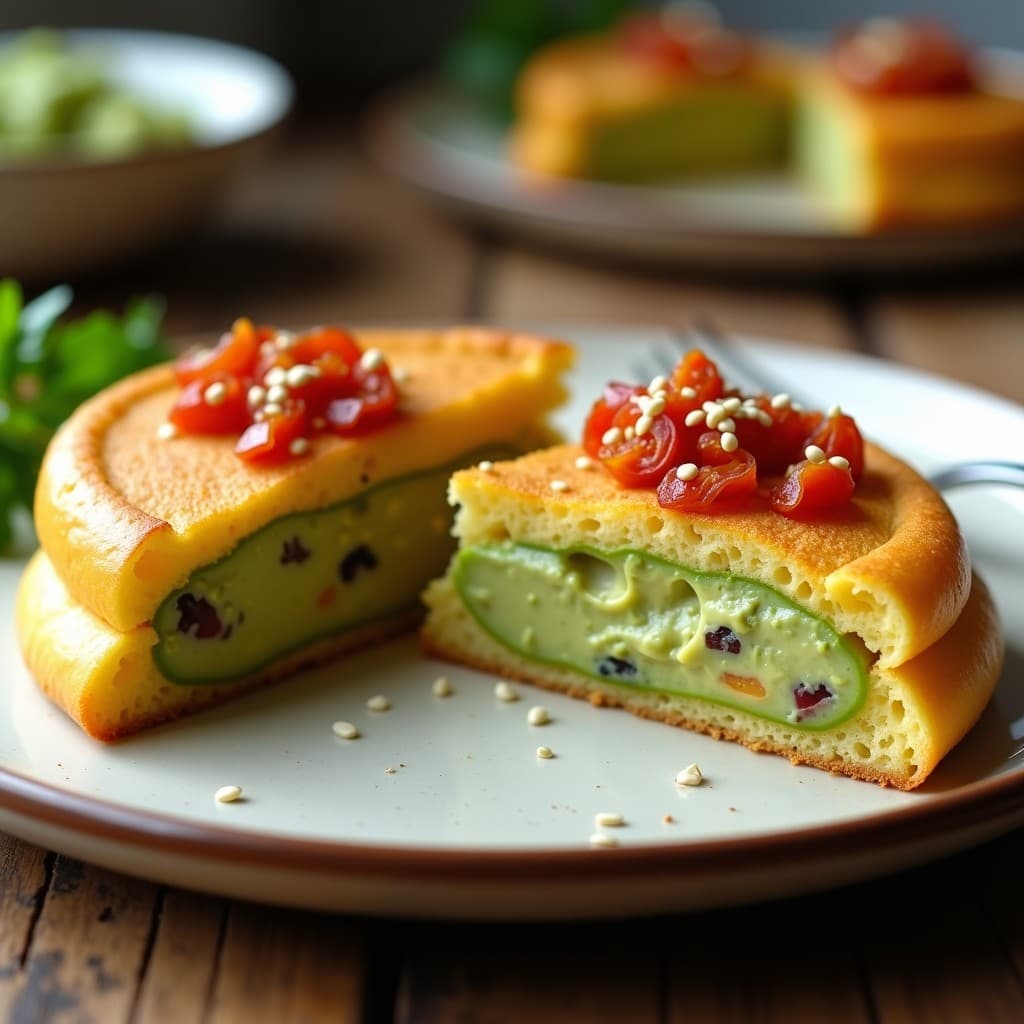 Pan de yuca dorado y esponjoso cortado por la mitad, relleno de crema de palta verde vibrante y trocitos de tomates secos rojos, decorado con semillas de sésamo. Plato de desayuno sin gluten y alto en fibra sobre fondo rústico de madera.