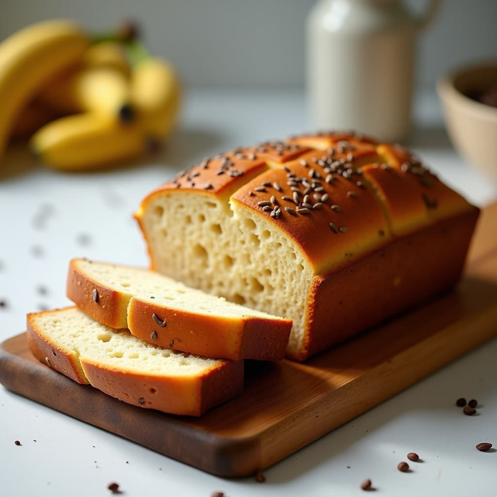 Pan de yuca y harina de banano verde sin gluten, cortado en rebanadas gruesas, con textura esponjosa y dorada, servido sobre una tabla de madera rústica con semillas de chía visibles en la superficie.