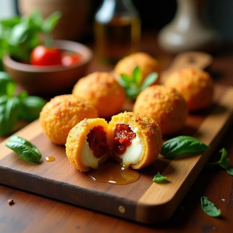 Pan de yuca dorado y crujiente relleno de mozzarella de búfala fundida y tomate confitado, servido en una bandeja de madera con hojas de albahaca fresca. Receta colombiana en airfryer.