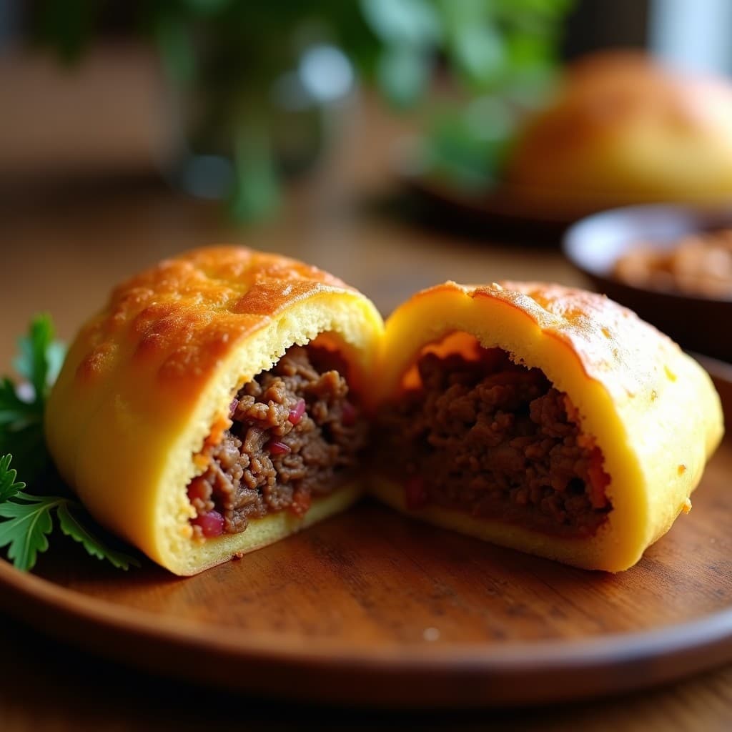 Pan de yuca dorado relleno de carne mechada, cortado por la mitad para mostrar el relleno jugoso de carne desmenuzada con especias, servido sobre un plato de madera rústico con hojas de perejil fresco. Receta colombiana sin gluten ideal para tupper.