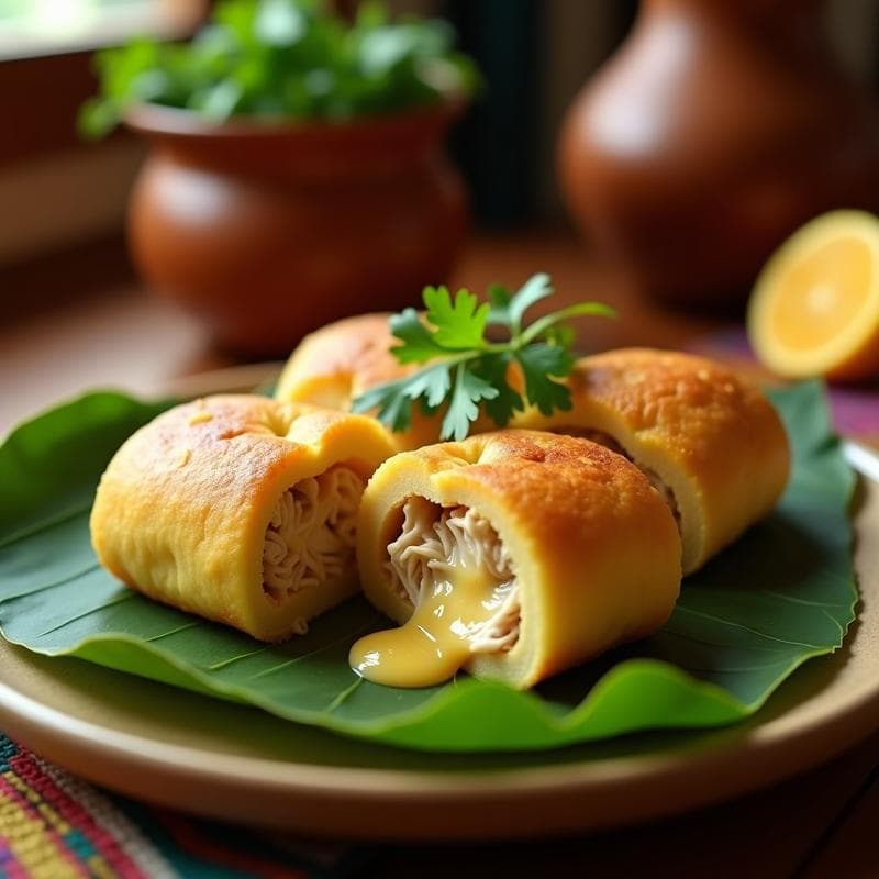 Pan de yuca rellena de pollo y queso colombiano, dorado y crujiente por fuera, con relleno jugoso de pollo desmenuzado y queso derretido, servido sobre hoja de plátano con cilantro fresco.