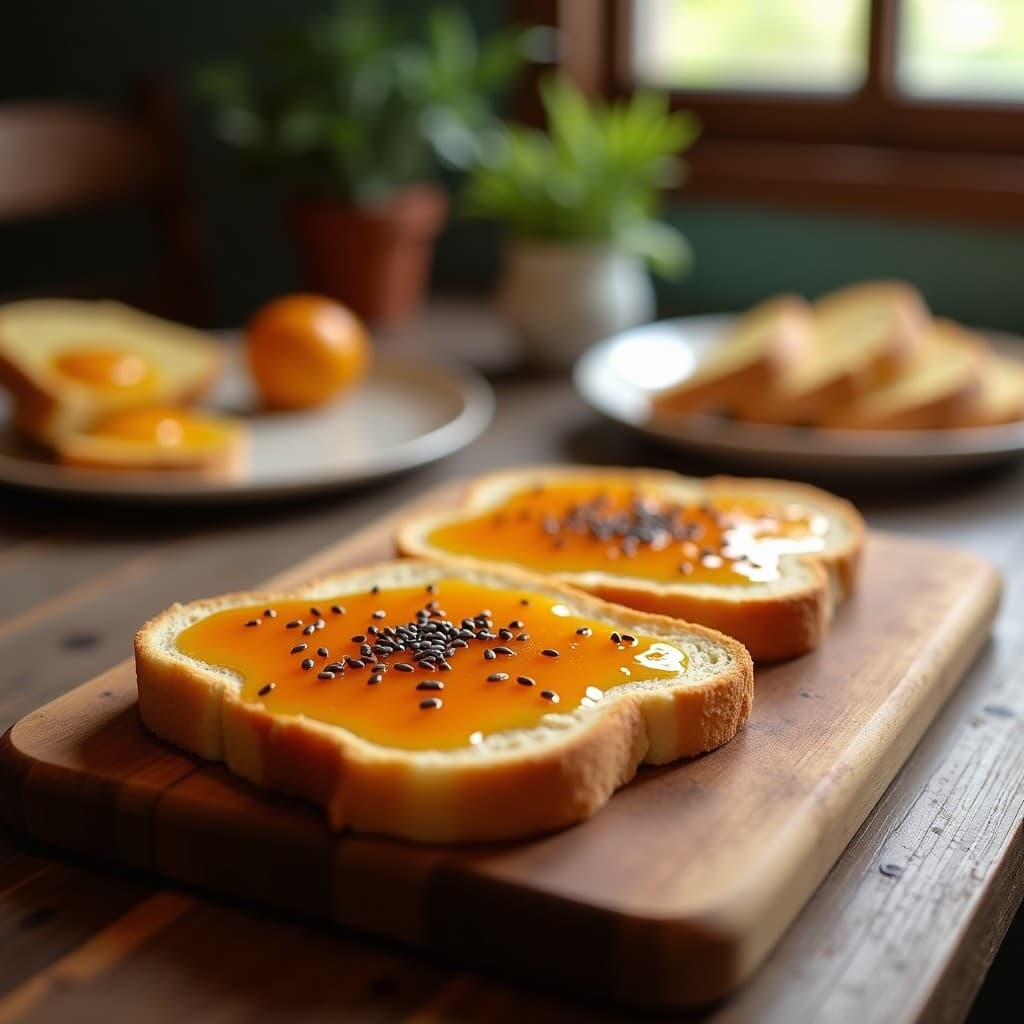 Pan de yuca dorado en rebanadas tostadas, coronado con mermelada de higuito brillante y semillas de amapola espolvoreadas, sobre tabla de madera rústica con fondo desvanecido.