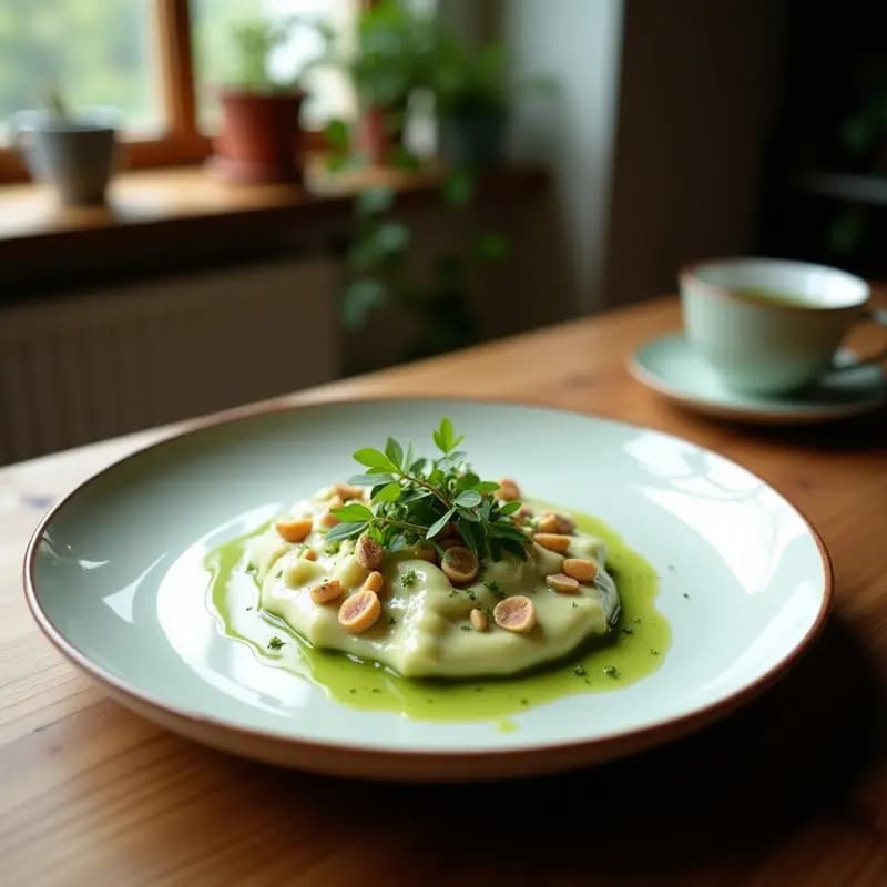 Pana cotta de coco y matcha vegana en copa de vidrio transparente, con capas verde pálido y decoración de coco rallado y semillas de sésamo tostadas sobre fondo blanco.