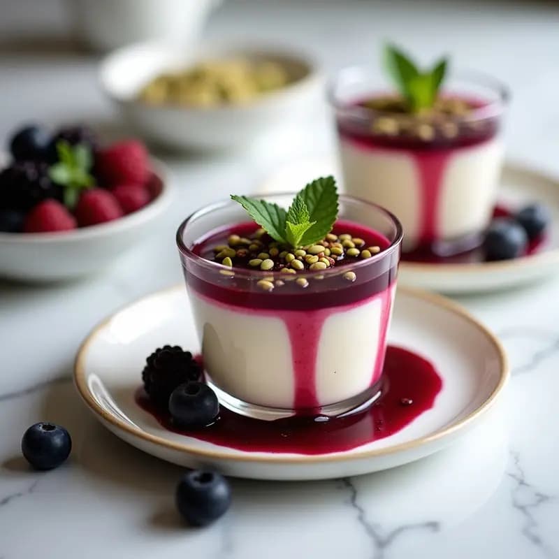 Copas de cristal transparente con Panacotta Italiana cremosa y blanca, coronada por un vibrante Coulis de Frutos Rojos en tonos rojos y morados, decorada con pistachos picados verdes sobre fondo blanco minimalista.