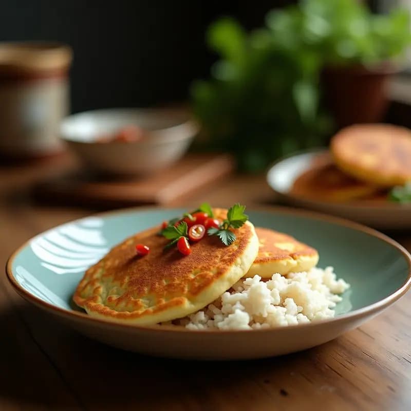 Pila de pancakes dorados de arroz fermentado y coco, con trozos de coco fresco y hojas de cilantro, servidos en plato de barro con fondo rústico. Desayuno indio sin gluten y probiótico.