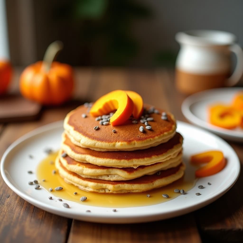 Pila de pancakes dorados de avena y puré de calabaza kabocha, servidos en un plato blanco con topping de semillas de chía y sirope de agave, fondo rústico de madera.