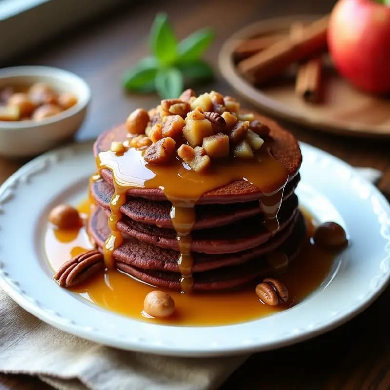 Pila de pancakes dorados de batata y canela con compota de manzana espesa y nueces picadas, servidos en plato blanco rústico con fondo de madera. Desayuno americano sin gluten.