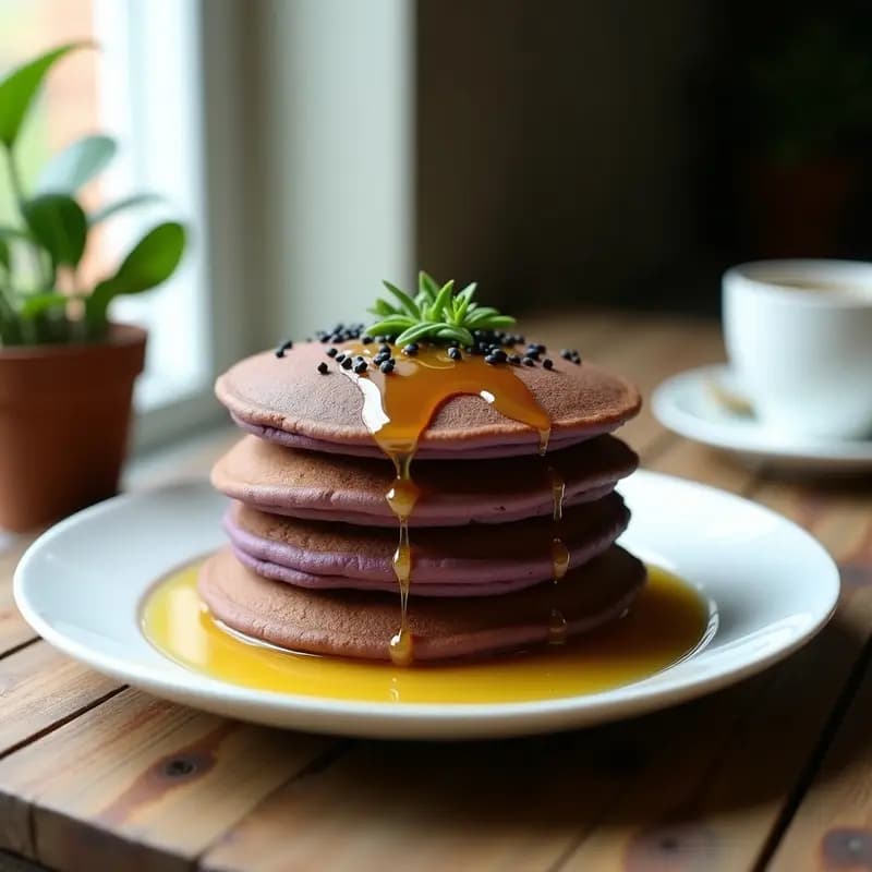 Pila de pancakes japoneses dorados de boniato y matcha, servidos en plato blanco con crema de anacardos, sirope de agave y semillas de sésamo negro, fondo minimalista con elementos japoneses como taza de té matcha.