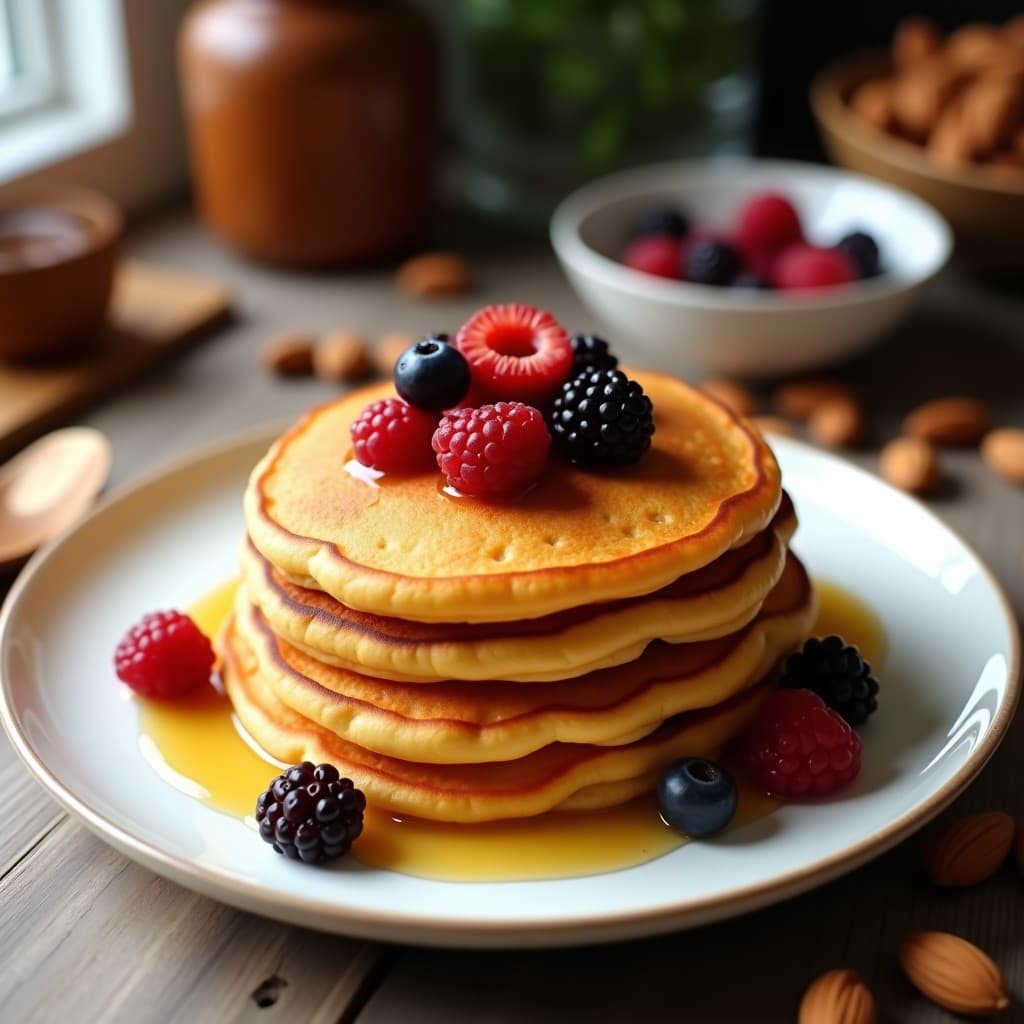 Pila de pancakes dorados de camote y almendra sin harina, servidos en un plato blanco con compota de frutos rojos y un chorrito de miel. Receta alta en fibra para desayuno.