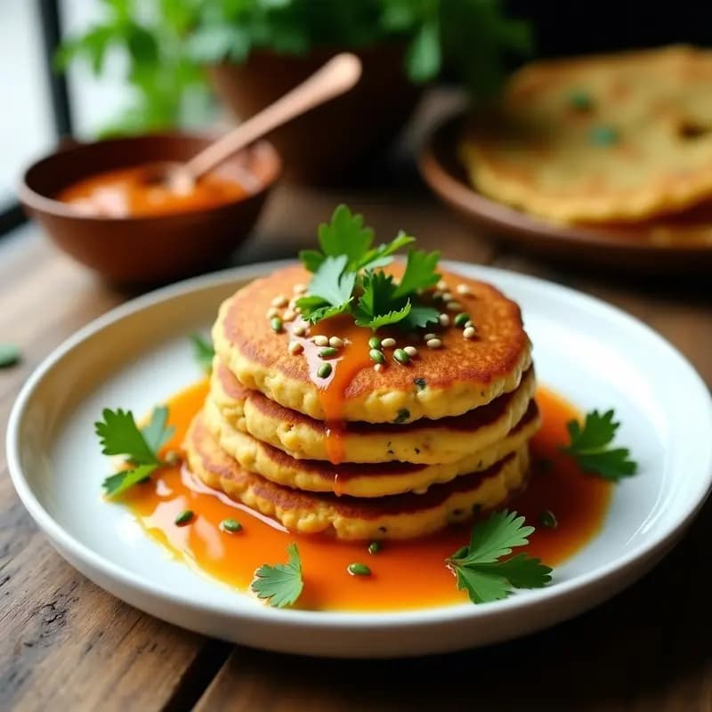 Plato blanco con pancakes dorados de garbanzo y cilantro apilados, bañados en chutney de tamarindo brillante, decorados con hojas de cilantro fresco y semillas de sésamo. Receta india vegana sin harina para desayuno saludable.