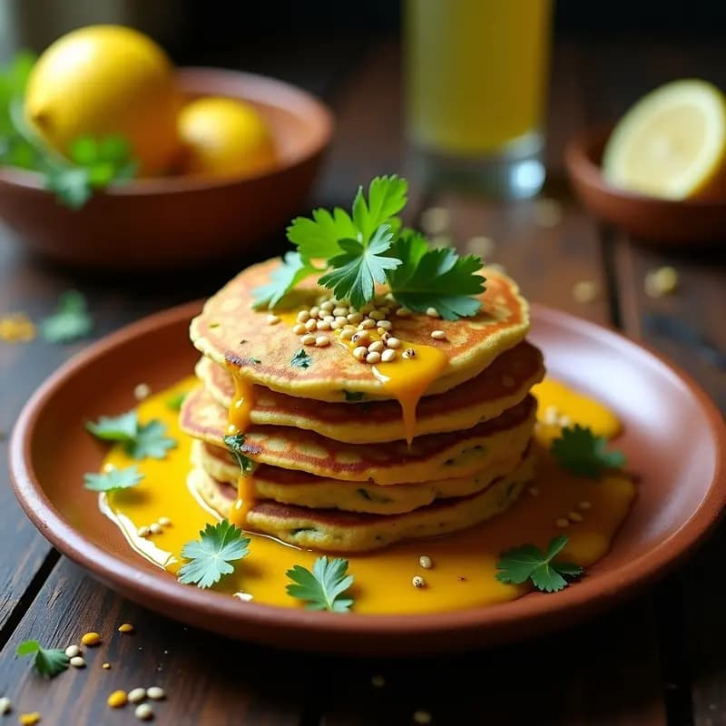 Pila dorada de pancakes esponjosos de garbanzo y espinacas, servidos en plato de barro con salsa de limón y ajo brillante, decorados con cilantro fresco y semillas de sésamo, desayuno indio proteico y vegano.
