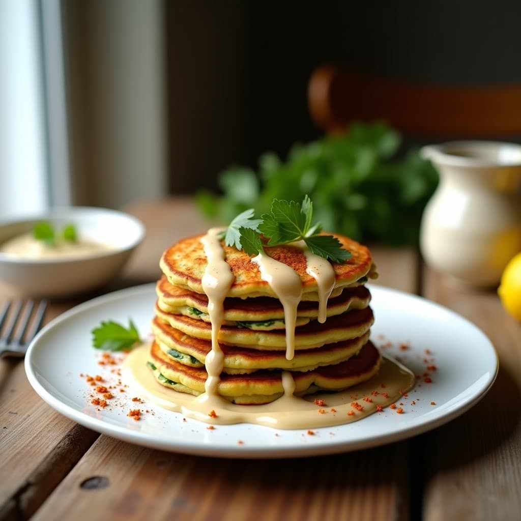 Plato blanco con pancakes dorados de garbanzo y espinacas, apilados y bañados en dip de tahini cremoso. Decorados con cilantro fresco y pimentón ahumado. Desayuno sin gluten y sin lácteos, alto en proteína.