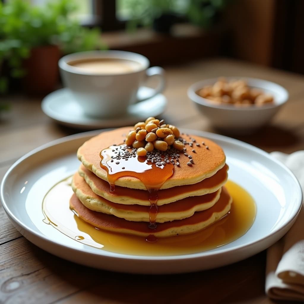 Pila de pancakes dorados de harina de cacahuete y plátano macho, bañados en sirope de arce brillante, con nueces picadas tostadas como topping, servidos en plato blanco rústico con fondo de madera oscura.