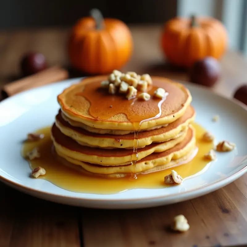 Pila de pancakes dorados de harina de castaña y puré de calabaza, servidos con un chorrito de miel y nueces picadas, sobre un plato de cerámica blanca con fondo rústico.