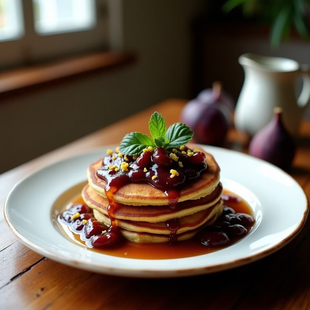 Plato blanco con pancakes dorados de harina de castañas apilados, cubiertos de compota de higos brillante y un hilo de miel, decorado con una pizca de canela y hojas de menta fresca. Desayuno francés sin gluten elegante y apetitoso.