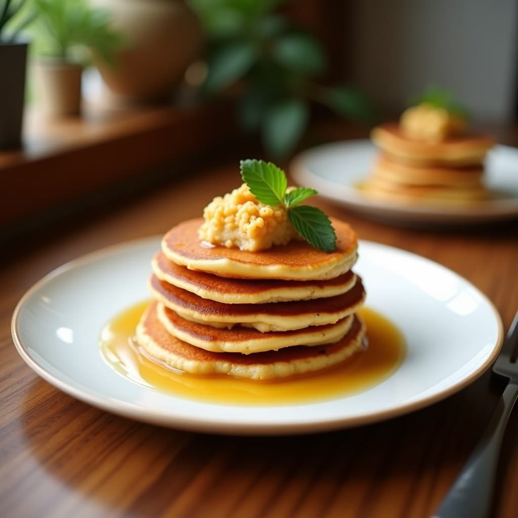 Pila de pancakes dorados de harina de garbanzo y azafrán, con vetas doradas por la infusión de azafrán, servidos en plato blanco con miel de sidr derramándose por encima. Decorados con pistachos picados y semillas de sésamo, sobre fondo rústico de madera con especias al lado.