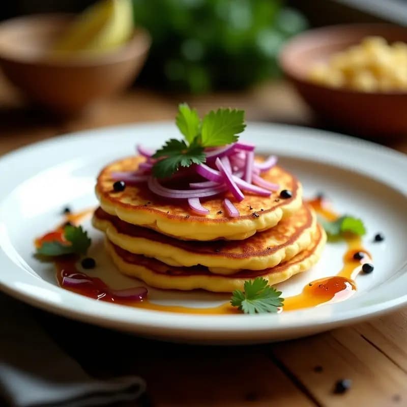 Plato blanco con pancakes dorados de harina de garbanzo y cebolla, apilados y bañados con chutney de tamarindo brillante. Decorados con hojas de cilantro fresco y semillas de mostaza. Desayuno indio sin cereales, alto en proteína y vegano.