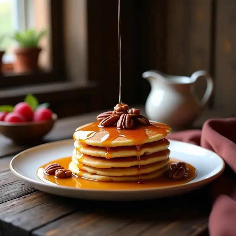 Pila de pancakes dorados de harina de garbanzo con jarabe de arce brillando sobre su superficie, decorados con nueces pecanas tostadas y un fondo rústico de madera oscura. Desayuno americano proteico y sin gluten.