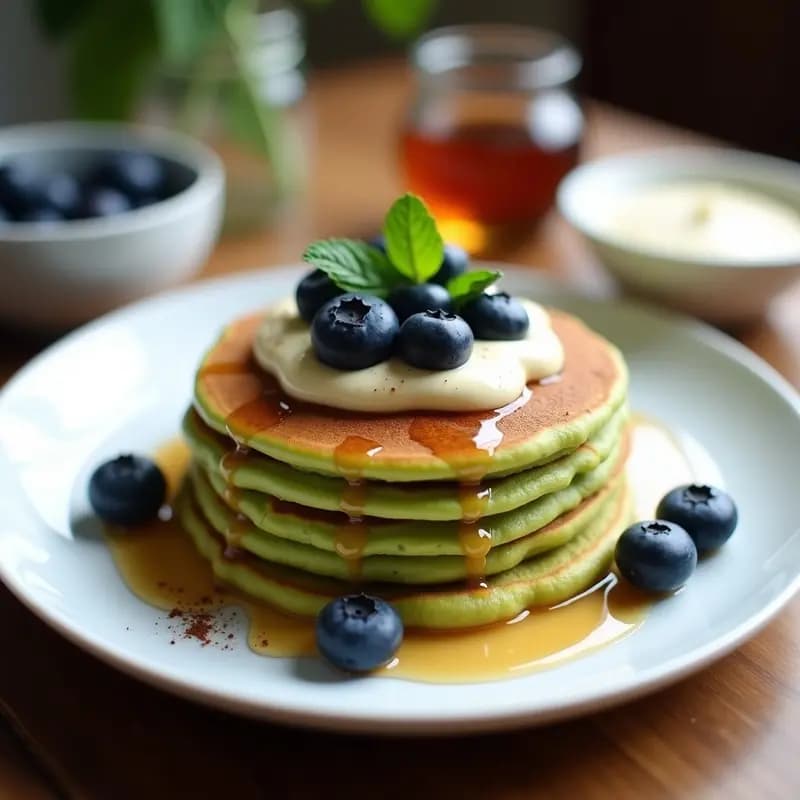 Pila de pancakes dorados de harina de guisante con crema de anacardos espesa y arándanos frescos, servidos en plato blanco con sirope de arce y canela espolvoreada. Desayuno vegano sin horno y alto en proteína.