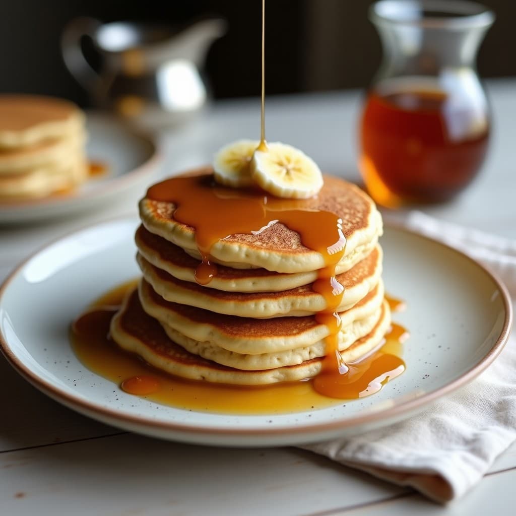 Pila de pancakes dorados de harina de lúpulo y plátano, con textura esponjosa y topping de mantequilla de almendras, servidos en plato blanco rústico sobre fondo de madera clara. Desayuno keto sin granos.
