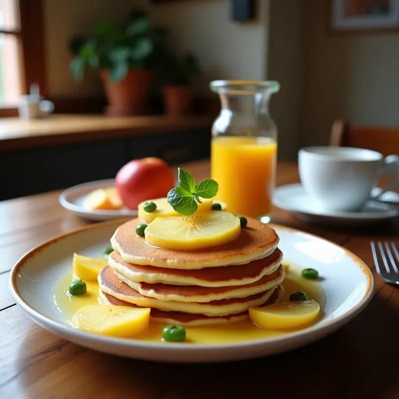Pancakes dorados y esponjosos de queso Edam en sartén de hierro, coronados con láminas de manzana Granny Smith caramelizada con mostaza y cebollino fresco picado. Desayuno salado sin harina con textura cremosa y contraste de sabores.