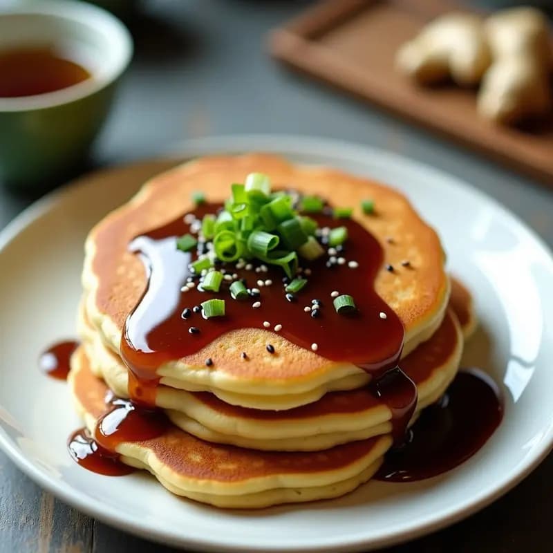 Pila de pancakes japoneses esponjosos dorados con capas de salsa de soya y jengibre brillante, decorados con semillas de sésamo tostadas y cebollino picado sobre un plato blanco de cerámica. Fondo borroso con utensilios de cocina tradicionales japoneses.
