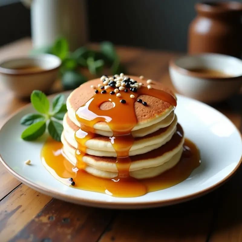 Pila de pancakes japoneses esponjosos de color verde claro por el matcha, bañados en salsa brillante de sésamo y miel de maple, decorados con semillas de sésamo negro y servidos en plato blanco rústico.