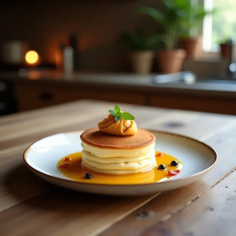 Pila de tres pancakes japoneses soufflé dorados y esponjosos, con sirope de arce brillante cayendo por los lados, sobre un plato blanco con fondo de madera rústica y utensilios de desayuno.
