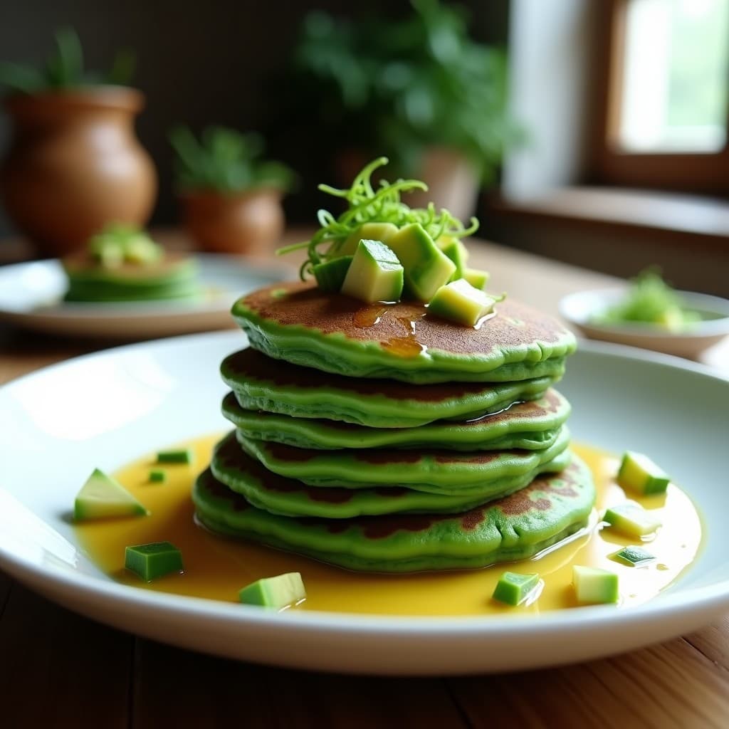 Pila de pancakes verdes esponjosos de lensinata y espirulina, servidos en plato blanco con sirope de arce, cubos de aguacate y brotes de alfalfa, fondo rústico de madera.