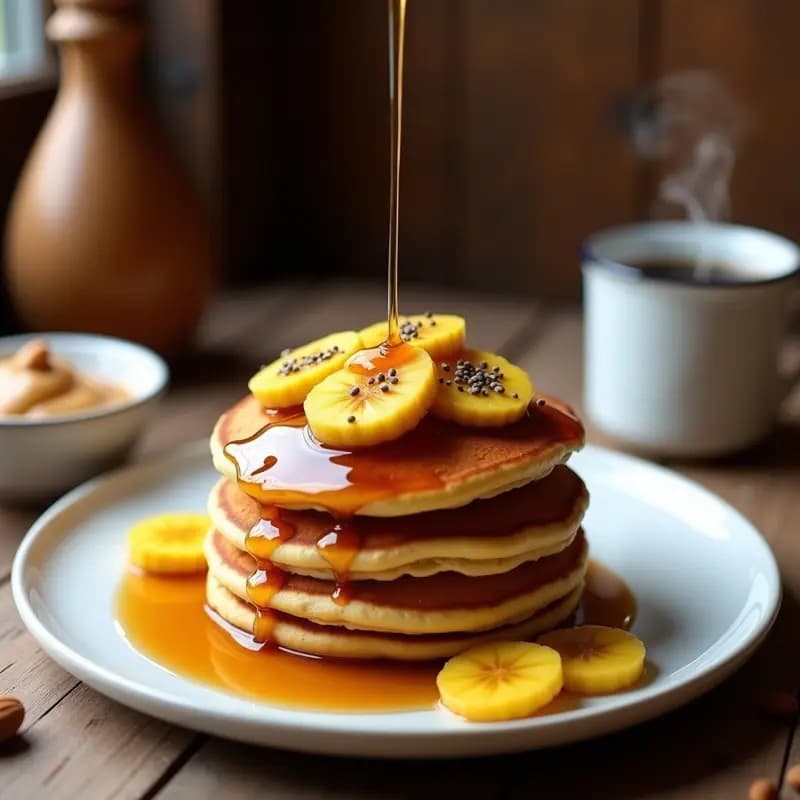 Pila de pancakes dorados de harina de lentejas y plátano macho en un plato de cerámica blanca, decorados con rodajas de plátano fresco, semillas de chía y un hilo de sirope de arce, sobre fondo rústico de madera con una taza de café.