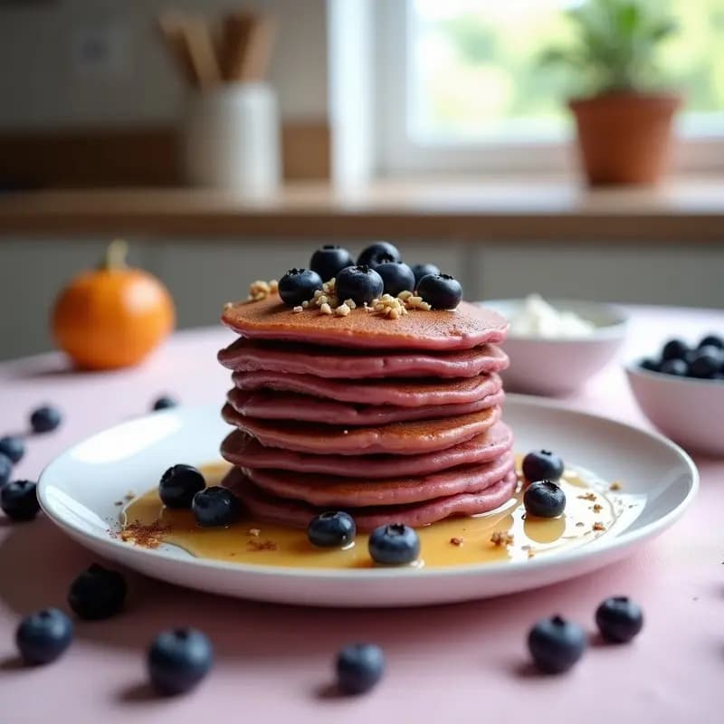 Pila de pancakes dorados de lentejas rojas con arándanos morados integrados, servidos en plato blanco con sirope de agave y nueces picadas, fondo borroso de cocina moderna.