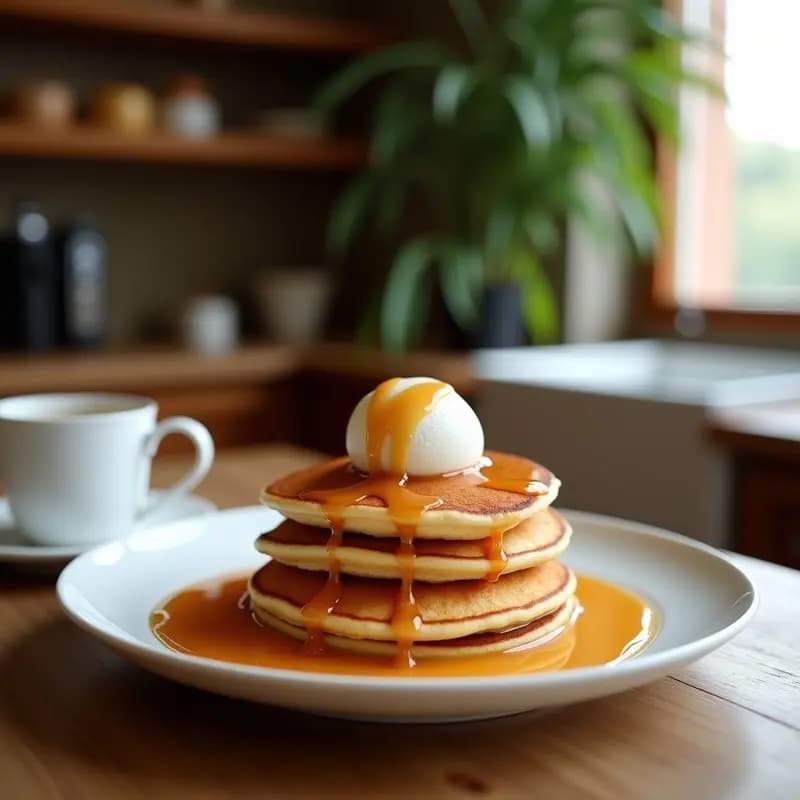 Plato blanco con pancakes dorados de lentejas rojas apilados, bola de helado verde matcha derritiéndose ligeramente encima, bañado con sirope de arce dorado y decorado con coco rallado y semillas de chía. Fondo desenfocado con texturas naturales.