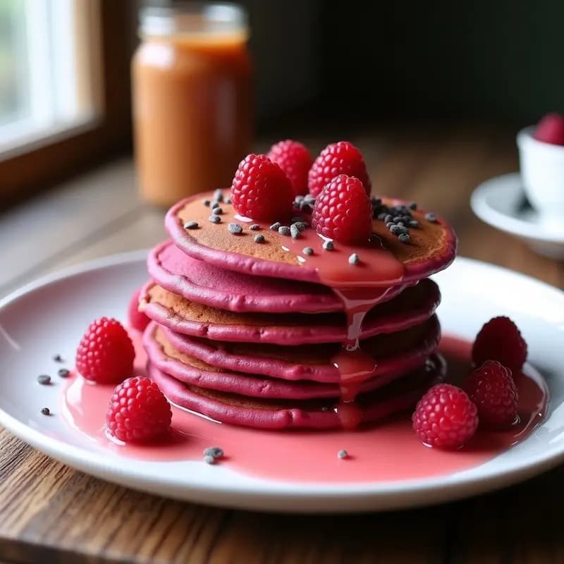 Pila de pancakes veganos de color rosa shock con lentejas rojas y remolacha, decorados con frutos rojos, sirope de agave y semillas de chía. Plato blanco sobre fondo rústico de madera con luz natural.
