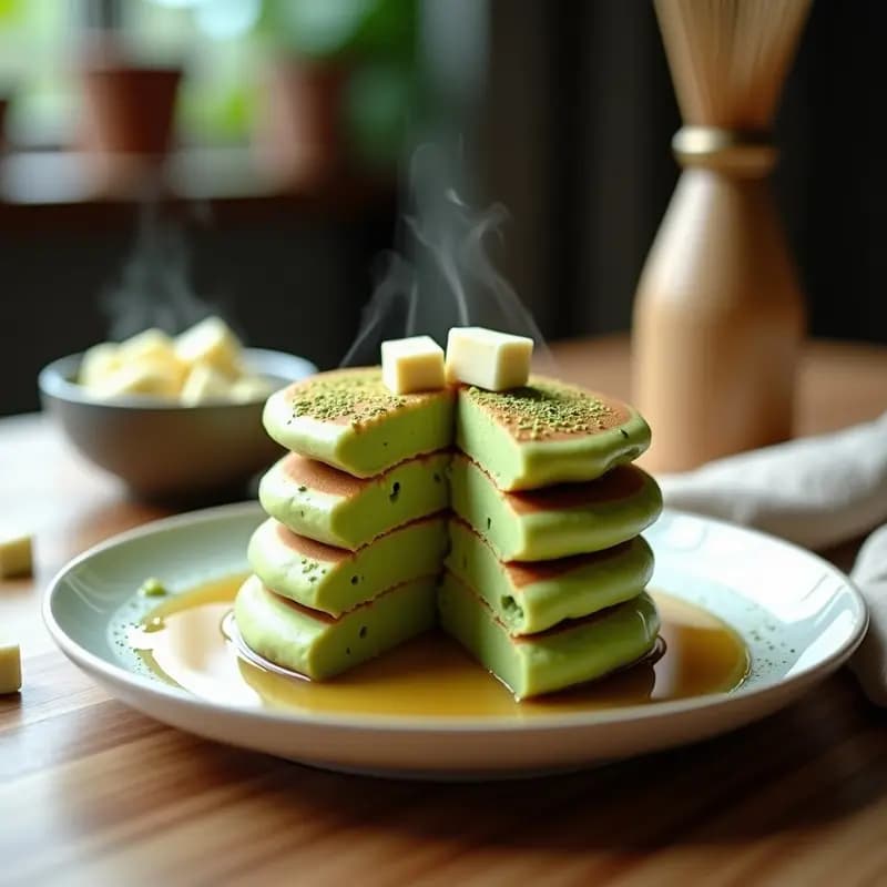Pila de pancakes japoneses esponjosos de color verde pálido por el matcha, bañados en salsa de chocolate blanco cremosa, decorados con virutas de chocolate y un toque de matcha en polvo espolvoreado. Plato blanco minimalista con fondo borroso de cocina.