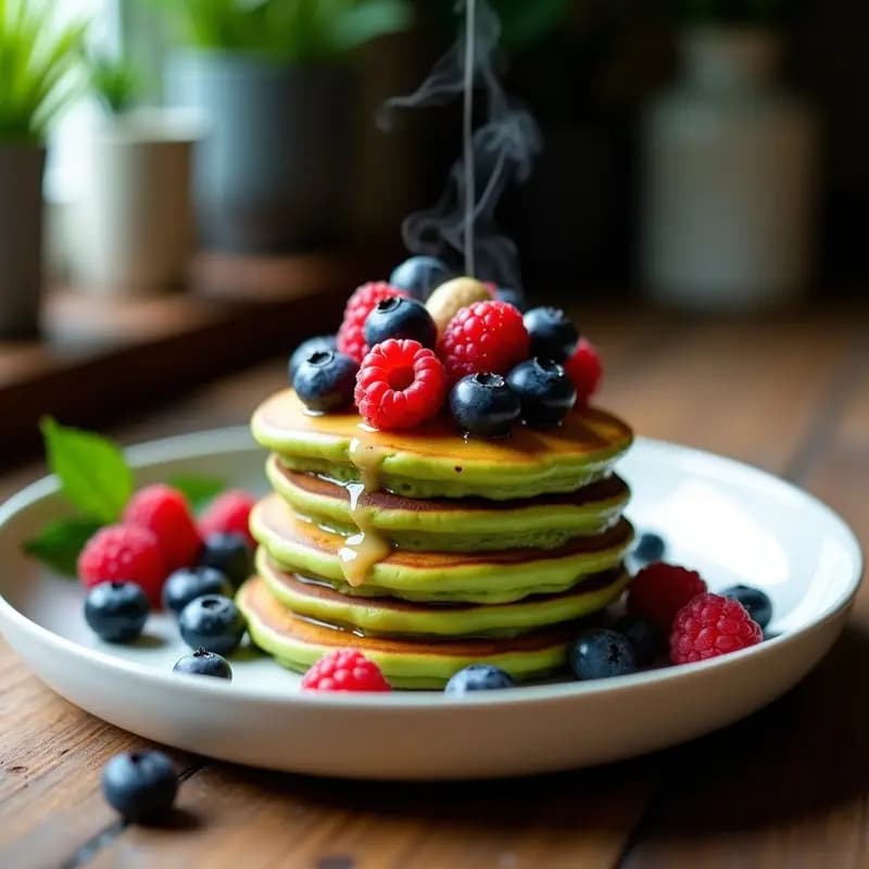 Pila de pancakes dorados de matcha y plátano, con textura esponjosa y color verde suave, servidos en plato blanco rústico. Acompañados de rodajas de plátano fresco, crema de cacahuete y semillas de sésamo tostadas. Desayuno japonés saludable alto en energía y antioxidantes.